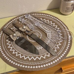 Burlap & Twine wrapped Rustic on Stainless Steel cake knife, server & 3 plastic